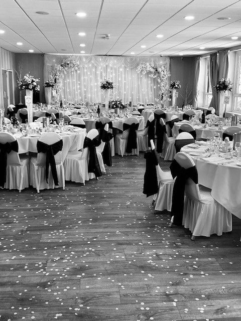 Black and white photo of a wedding reception